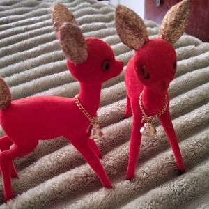 Red Velvet Deer Figurines with Gold Accents